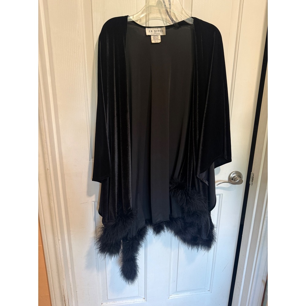 J.R. Nites by Caliendo Black Velvet Evening Wrap Turkey Feather Trim OS USA - Picture 1 of 3